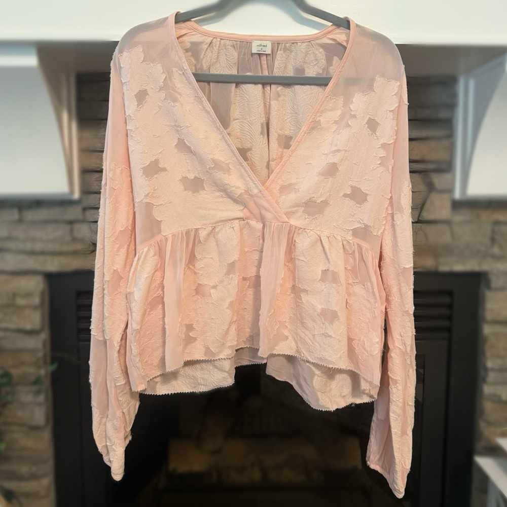 Aritzia Wilfred sheer deep v peplum blouse